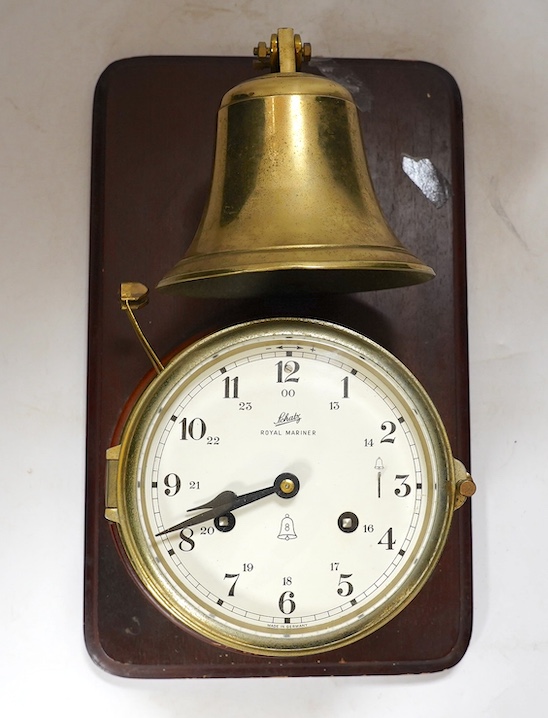 A mounted Schatz Royal Mariner brass clock, 21cm wide, 34cm high. Condition - untested for time keeping